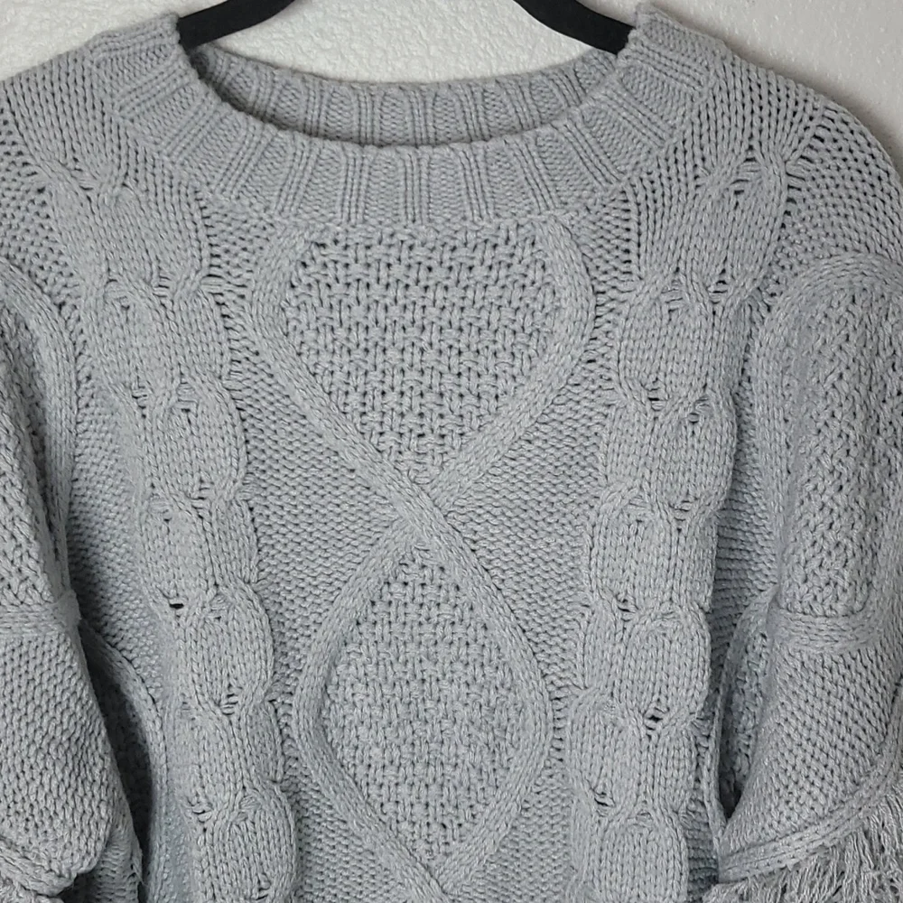&merci Boho Sweater Cable Knit Bodice Fringe Sleeves Ribbed Hem Size Large Gray - Picture 3 of 11